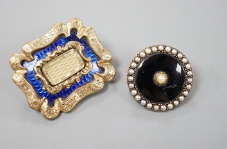 A Victorian yellow metal overlaid and blue enamel set mourning brooch, 31mm and one other seed pearl set mourning brooch.